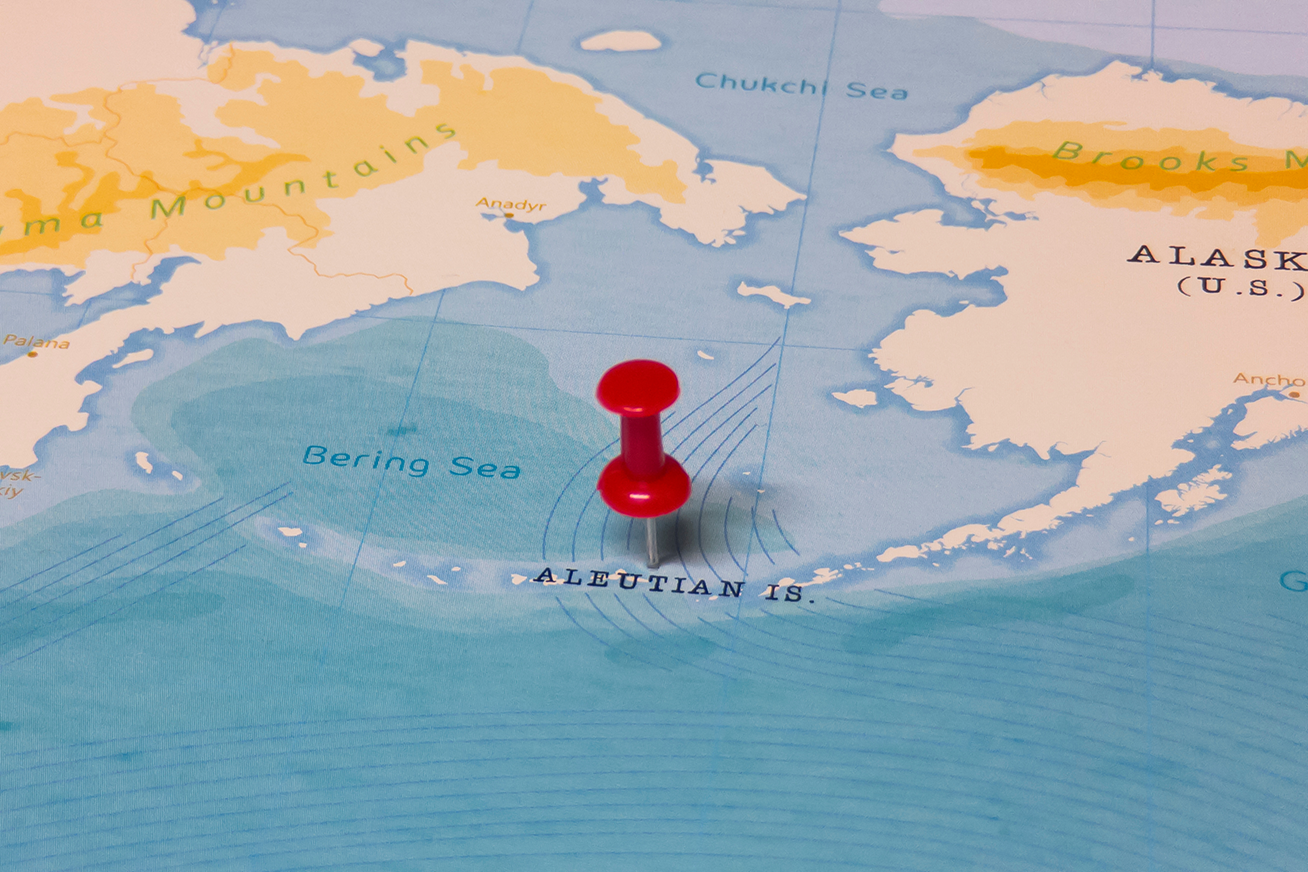 The Aleutian Islands are southwest of Alaska
