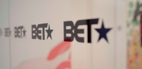 BET logos on a wall in their New York headquarters.
